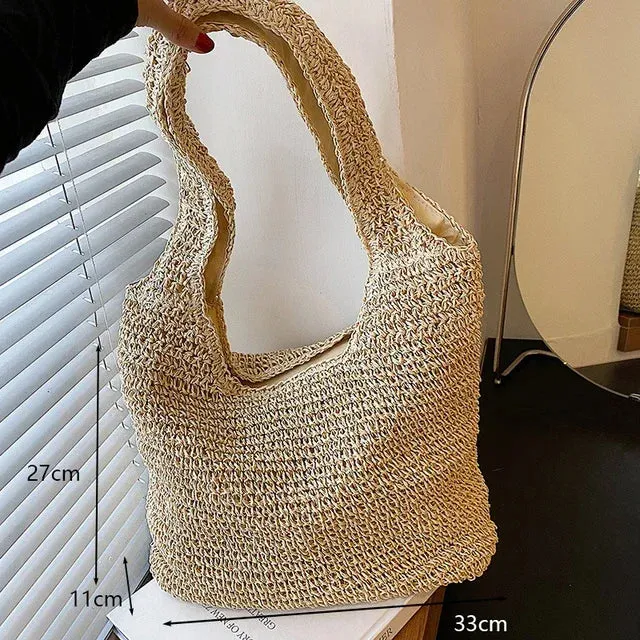 Sohiwoo Bags Rattan Vintage Travel Raffia Woven Ladies Casual Bag Shopping Vacation Bohemian Totes Summer Beach Handmade Shoulder