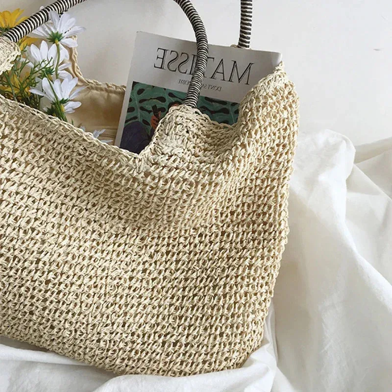 Sohiwoo Bags Rattan Vintage Travel Raffia Woven Ladies Casual Bag Shopping Vacation Bohemian Totes Summer Beach Handmade Shoulder