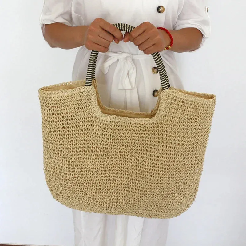 Sohiwoo Bags Rattan Vintage Travel Raffia Woven Ladies Casual Bag Shopping Vacation Bohemian Totes Summer Beach Handmade Shoulder