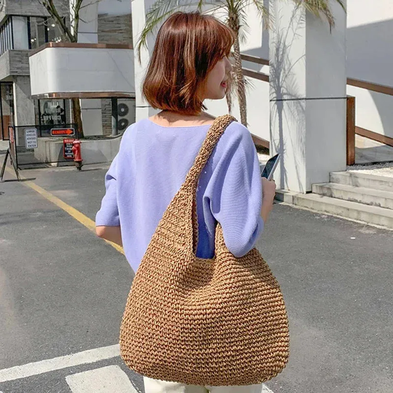 Sohiwoo Summer For Straw Capacity Shoulder Bag Woven Handmade Women Bags Lady  Beach Large Rattan Bag Tote Handbag Vacation