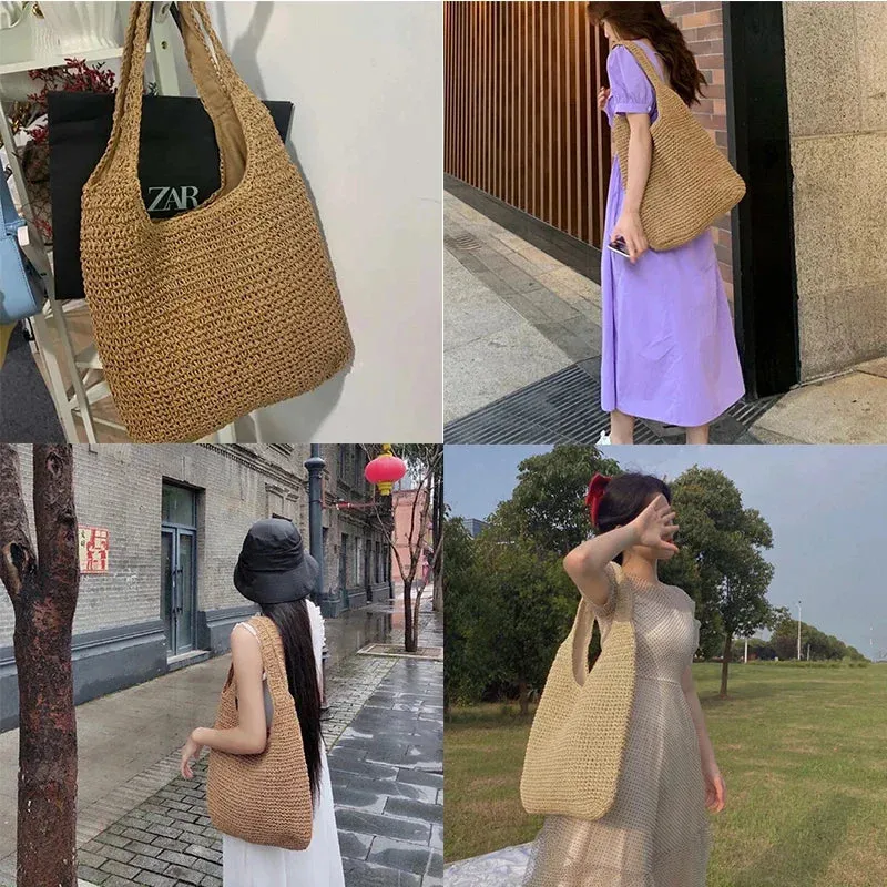 Sohiwoo Summer For Straw Capacity Shoulder Bag Woven Handmade Women Bags Lady  Beach Large Rattan Bag Tote Handbag Vacation