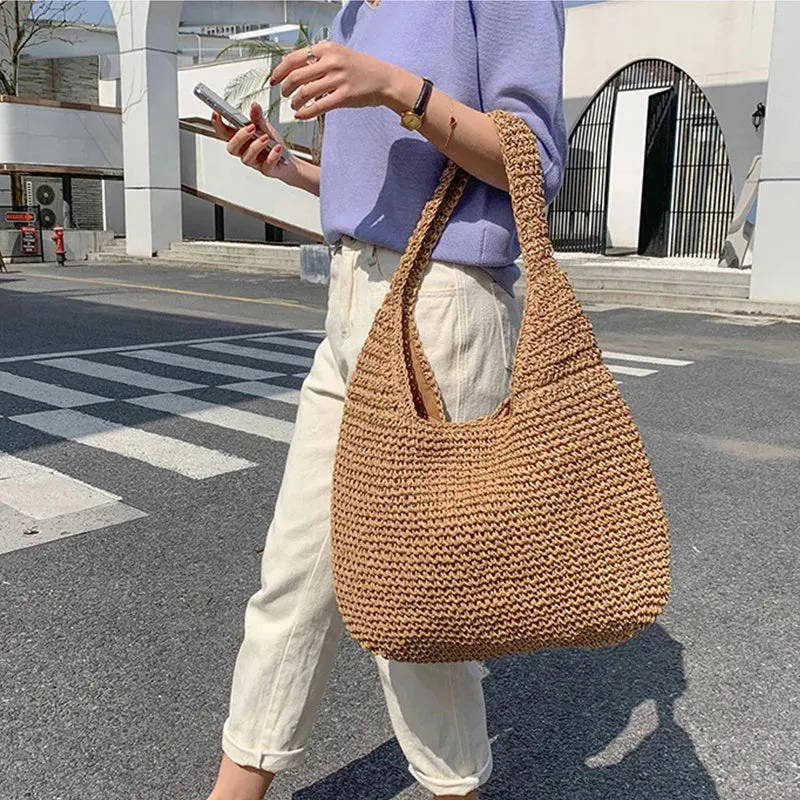 Sohiwoo Summer For Straw Capacity Shoulder Bag Woven Handmade Women Bags Lady  Beach Large Rattan Bag Tote Handbag Vacation