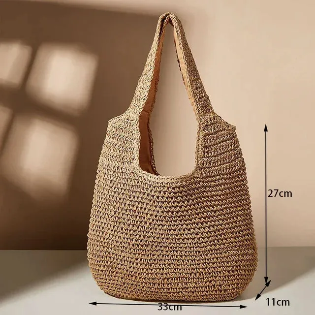 Sohiwoo Summer For Straw Capacity Shoulder Bag Woven Handmade Women Bags Lady  Beach Large Rattan Bag Tote Handbag Vacation