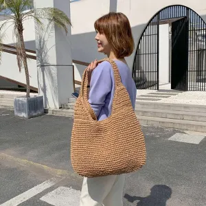 Sohiwoo Summer For Straw Capacity Shoulder Bag Woven Handmade Women Bags Lady  Beach Large Rattan Bag Tote Handbag Vacation