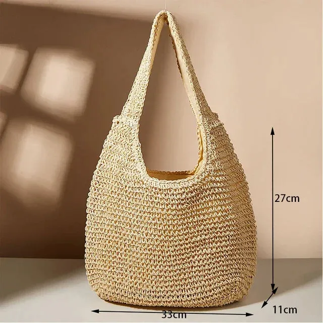 Sohiwoo Summer For Straw Capacity Shoulder Bag Woven Handmade Women Bags Lady  Beach Large Rattan Bag Tote Handbag Vacation