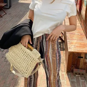 TAVIMART  -  Fashion Bamboo Handle Straw Bags Designer Women Handbags Luxury Wicker Woven Shoulder Bags Summer Beach Rattan Purses Large Tote