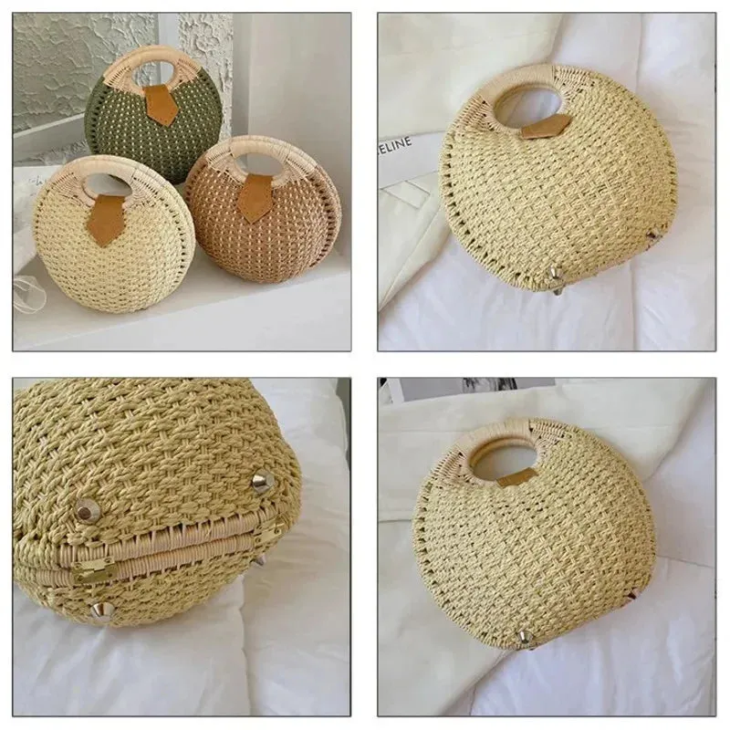 TAVIMART  -  Fashion Holiday Shell Handbags Personality Cute Rattan Bag Handmade Rattan Woven Women Beach Bag Casual Kawaii Small Round Tote