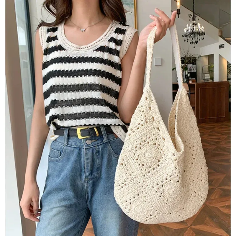 TAVIMART  -  One Shoulder Hollow Woven Beach Vacation Idle Sle Underarm Bag Handwoven Crochet Beach Bag Design Handbags Shopping Travel Purse