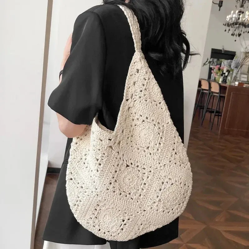 TAVIMART  -  One Shoulder Hollow Woven Beach Vacation Idle Sle Underarm Bag Handwoven Crochet Beach Bag Design Handbags Shopping Travel Purse