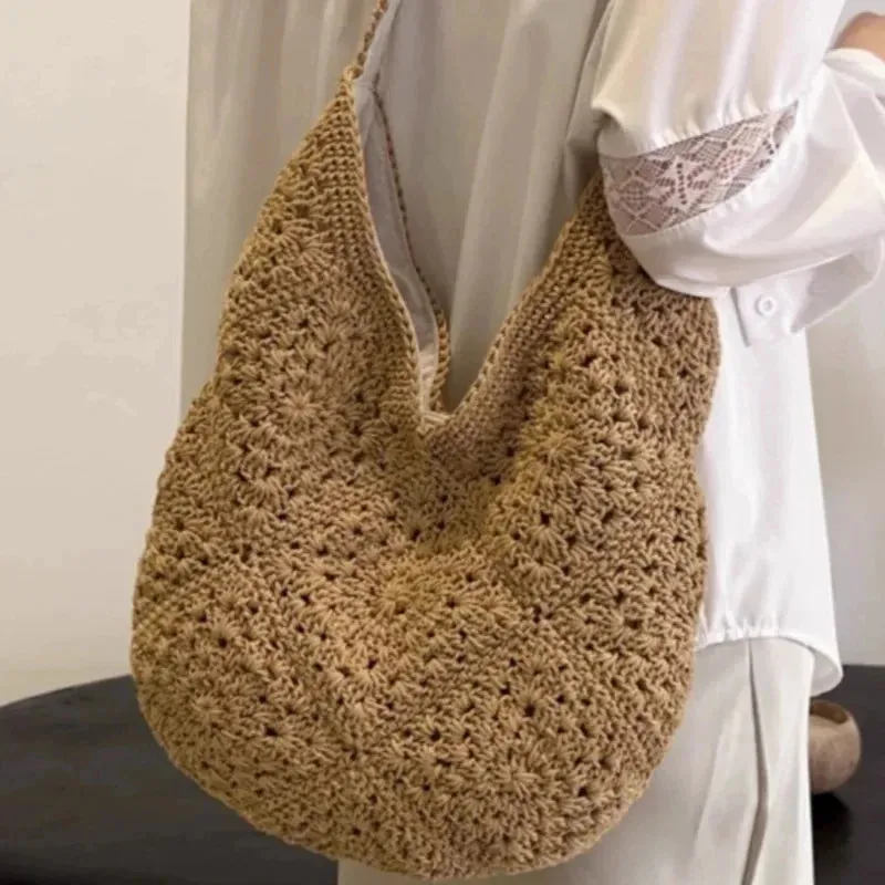 TAVIMART  -  One Shoulder Hollow Woven Beach Vacation Idle Sle Underarm Bag Handwoven Crochet Beach Bag Design Handbags Shopping Travel Purse