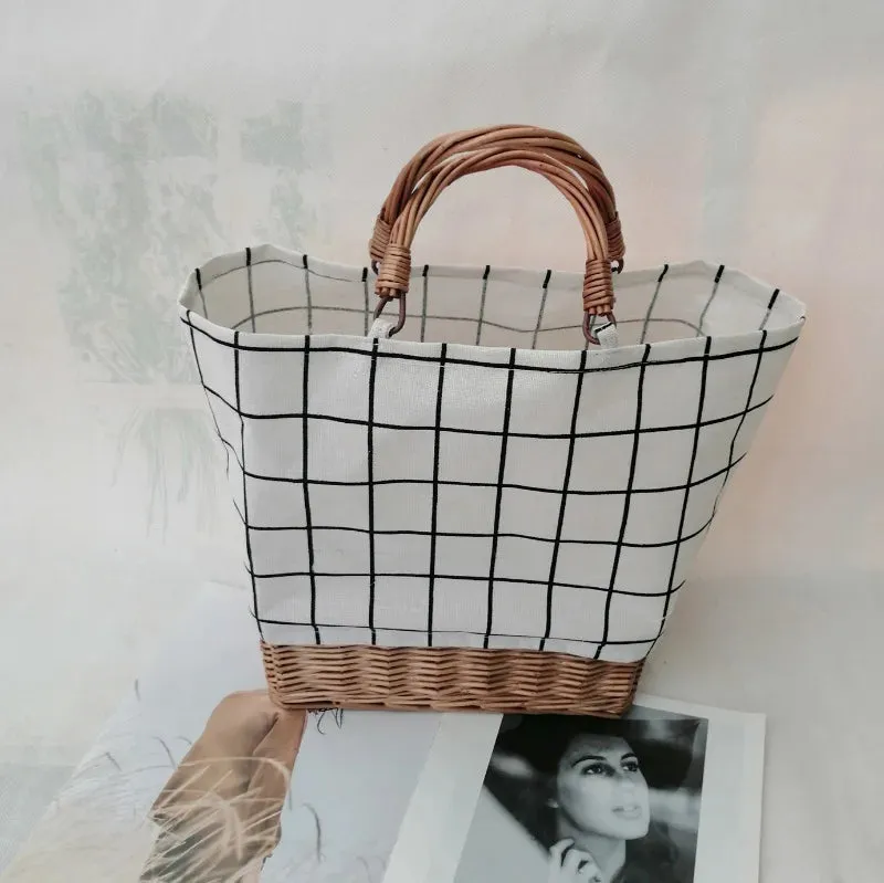 TAVIMART  -  Rattan Woven Women's Handbag Striped Plaid Canvas Stitching Straw Bag Large Tote Female Shopper Bags Bohemian Summer Beach Bag