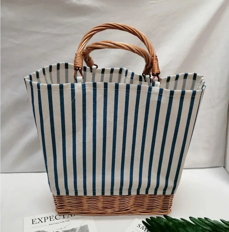 TAVIMART  -  Rattan Woven Women's Handbag Striped Plaid Canvas Stitching Straw Bag Large Tote Female Shopper Bags Bohemian Summer Beach Bag