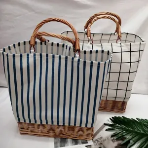 TAVIMART  -  Rattan Woven Women's Handbag Striped Plaid Canvas Stitching Straw Bag Large Tote Female Shopper Bags Bohemian Summer Beach Bag