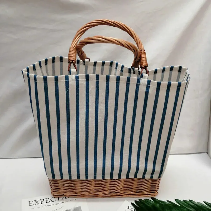 TAVIMART  -  Rattan Woven Women's Handbag Striped Plaid Canvas Stitching Straw Bag Large Tote Female Shopper Bags Bohemian Summer Beach Bag