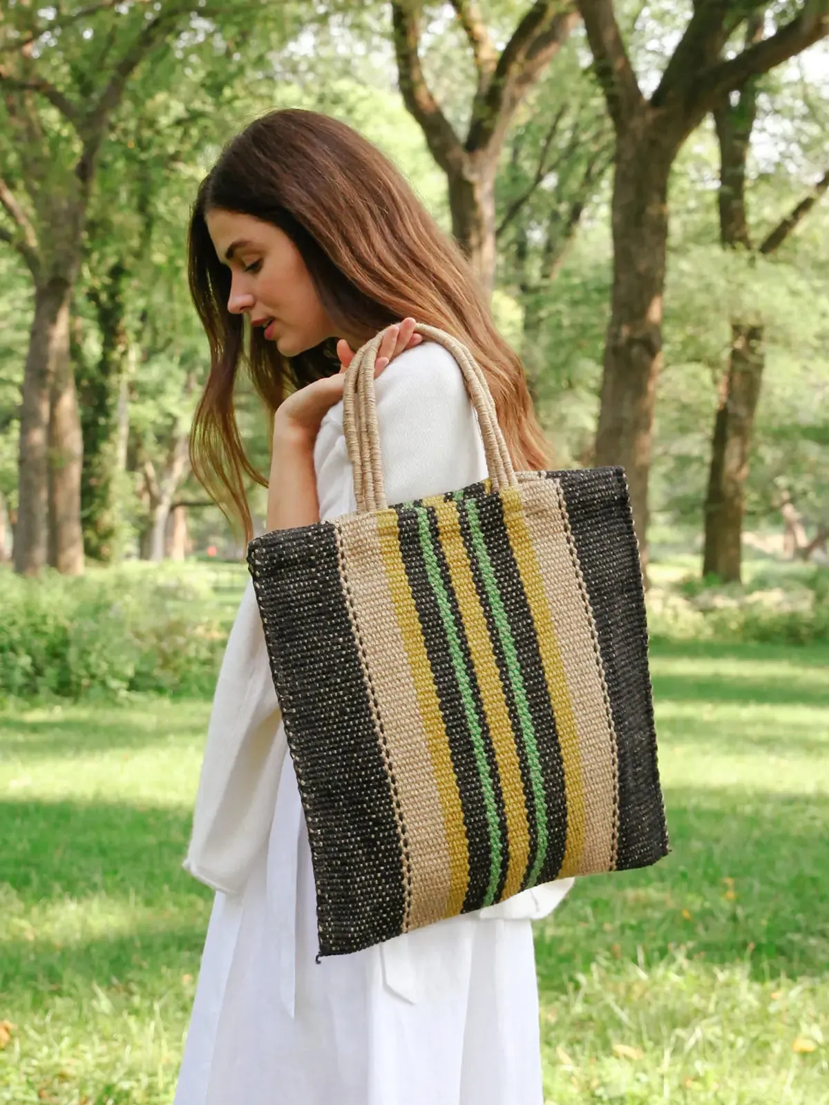 Tote Bag | Handwoven Jute & Cotton -  Multi Navy