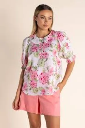 Two T's - Linen Short Sleeve Top-Rose Print