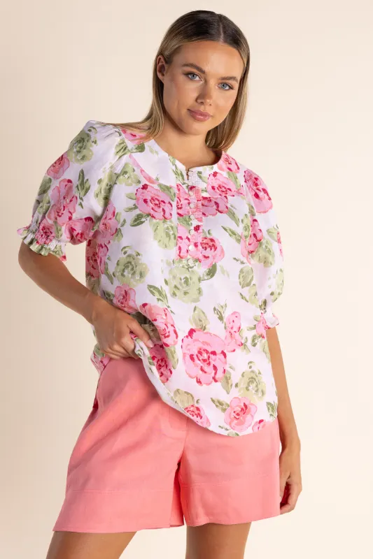 Two T's - Linen Short Sleeve Top-Rose Print