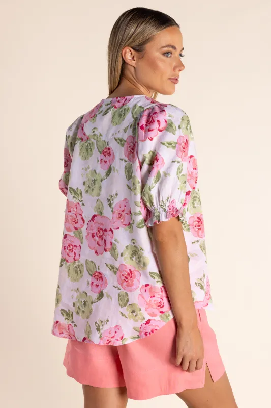 Two T's - Linen Short Sleeve Top-Rose Print