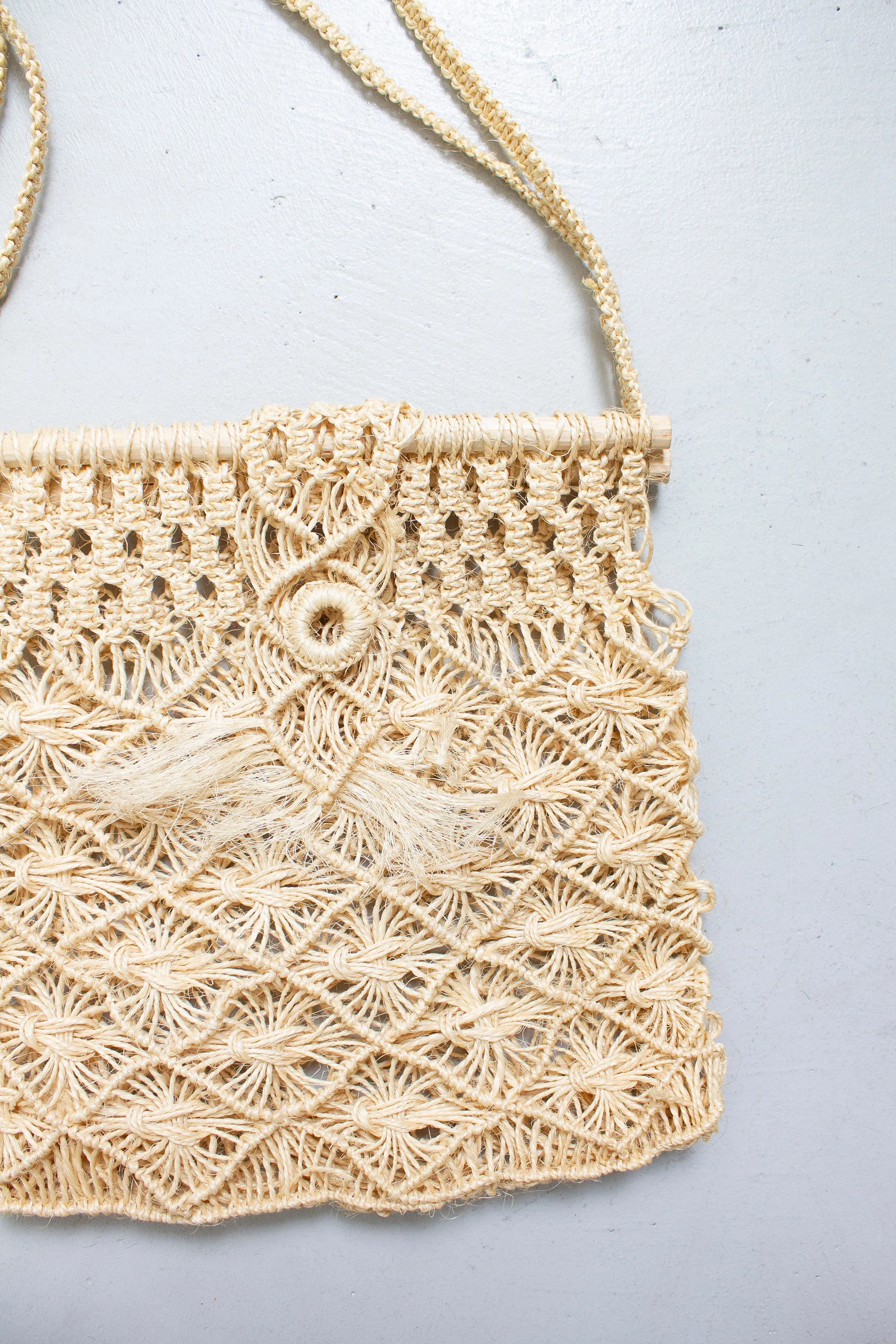 Vintage 1970s Tote Bag Macrame Crochet Hippie Boho Purse 70s