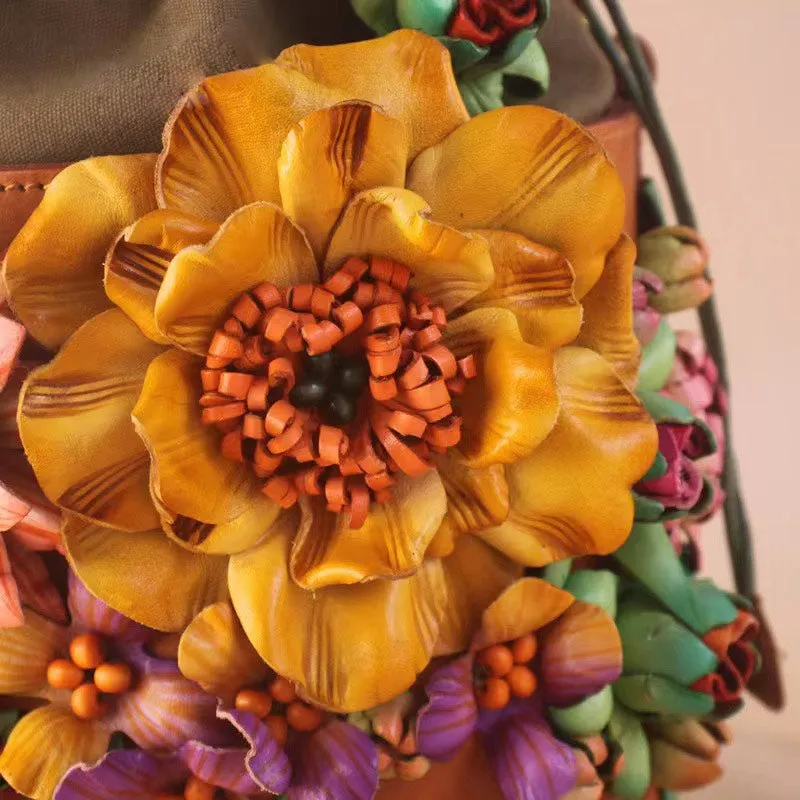 Vintage Three-Dimensional Flower Cluster Style Pure Handmade Cowhide Artistic Ladies Flowers  Handbag Bucket Bag