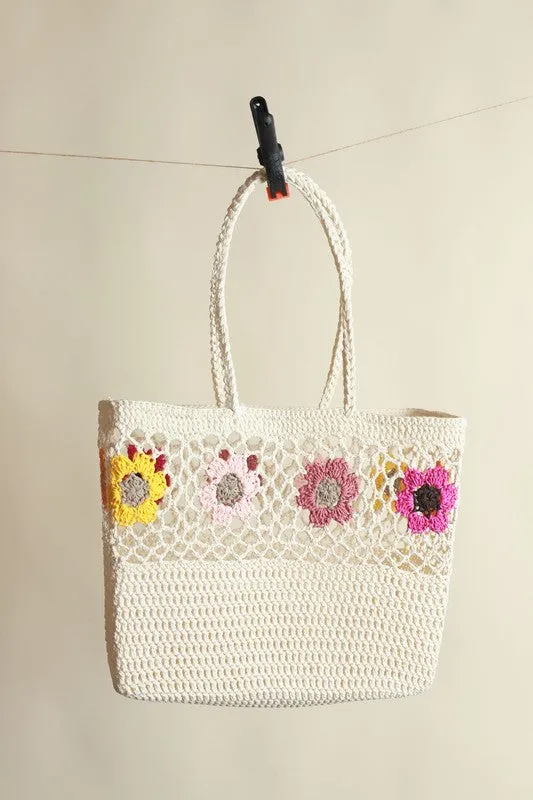 White Vibrant Floral Shoulder Hand Bag Handmade Crochet