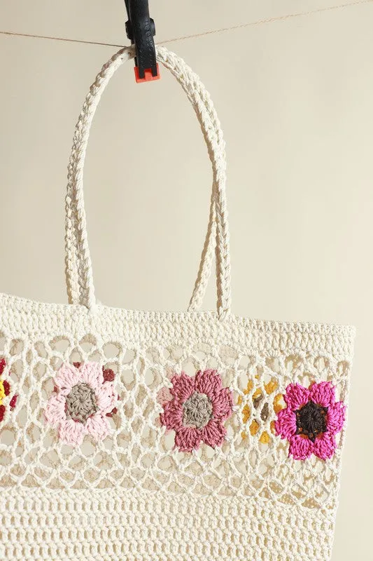 White Vibrant Floral Shoulder Hand Bag Handmade Crochet