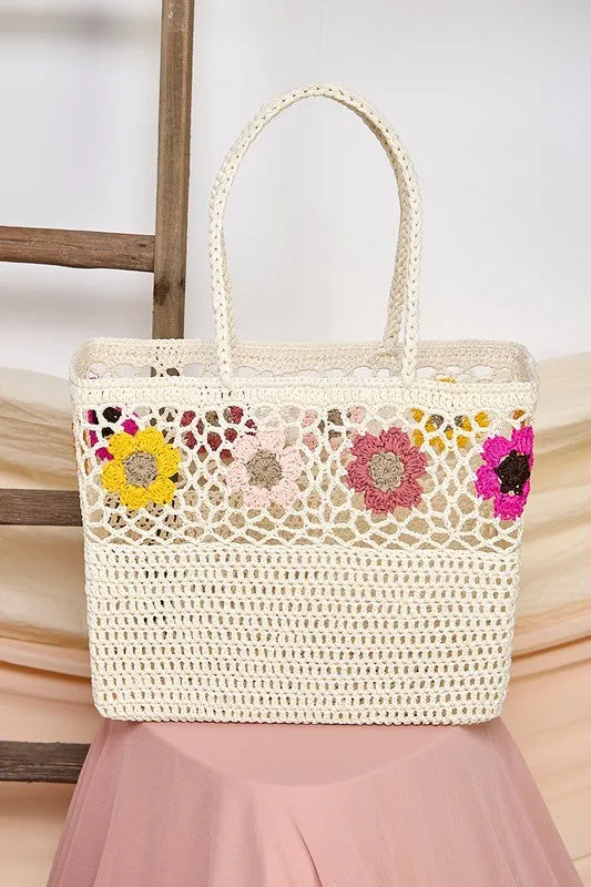 White Vibrant Floral Shoulder Hand Bag Handmade Crochet