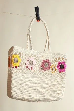 White Vibrant Floral Shoulder Hand Bag Handmade Crochet