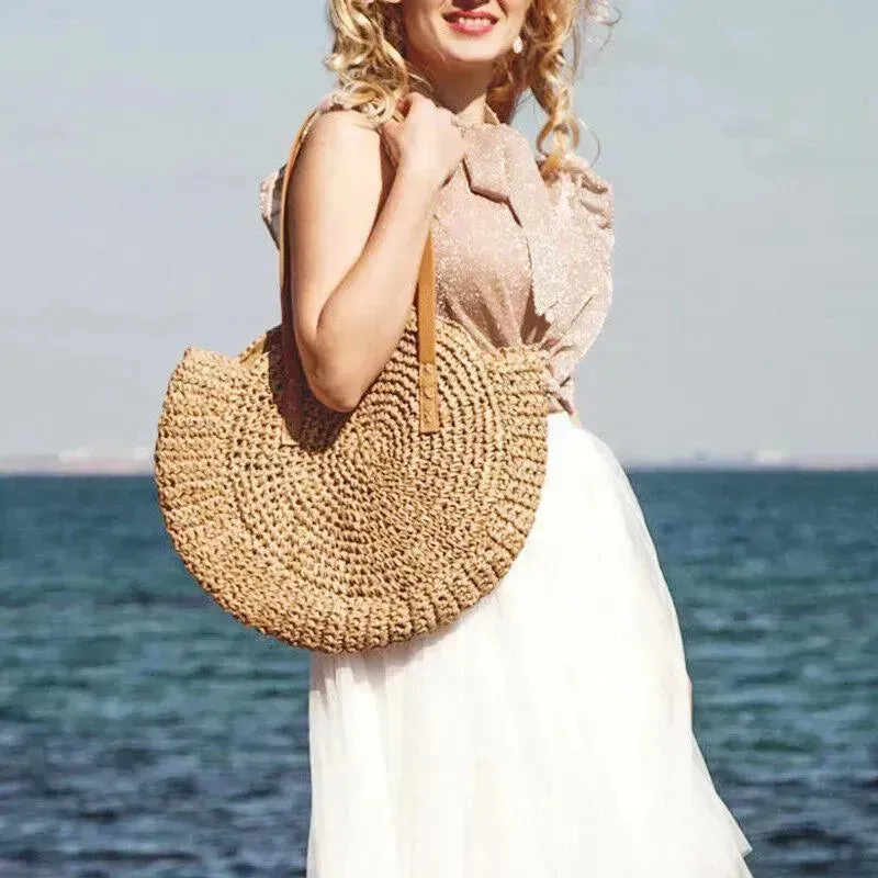 Women Boho Woven Handbag Summer Beach Tote Straw Bag Round Rattan Shoulder