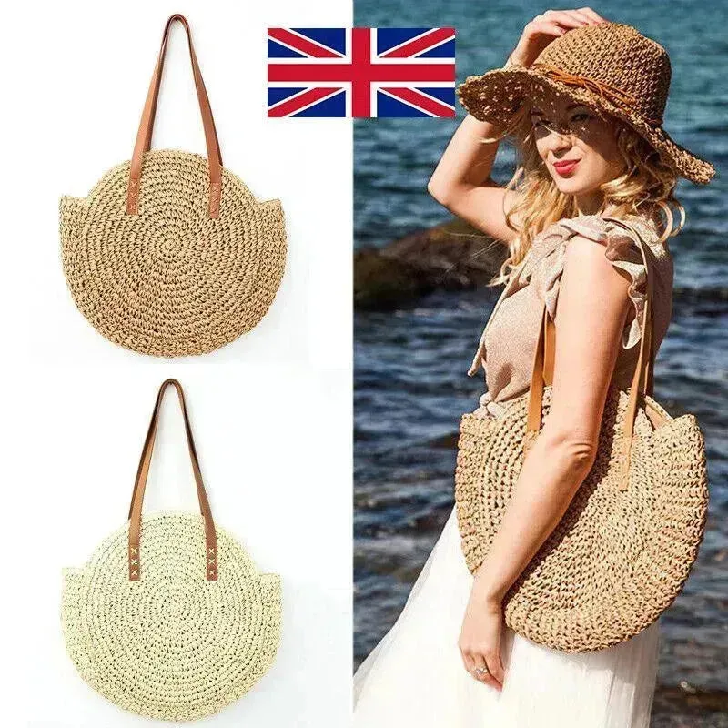 Women Boho Woven Handbag Summer Beach Tote Straw Bag Round Rattan Shoulder