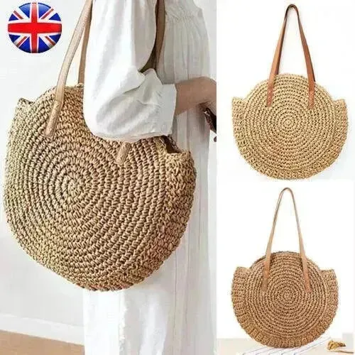 Women Boho Woven Handbag Summer Beach Tote Straw Bag Round Rattan Shoulder