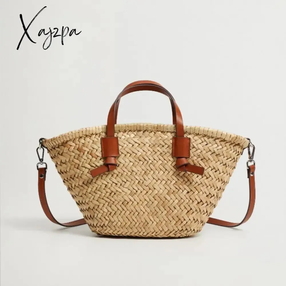 Xajzpa - Casual Wicker Woven Basket Bags Rattan Women Handbags Summer Beach Straw Large Capacity Tote Big Shoulder Crossbody Bag